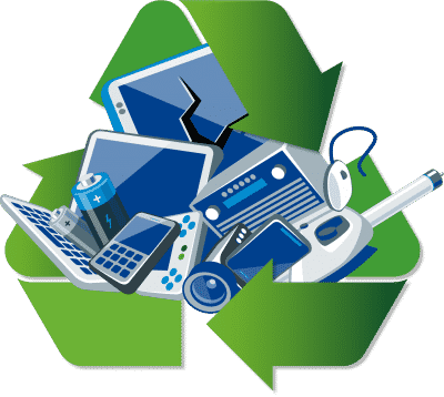 Broken electronics surrounded by recycling icon